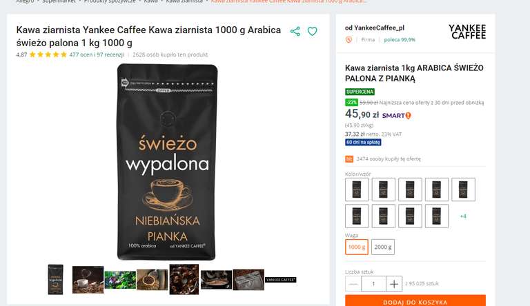 Kawa ziarnista Yankee Caffee Kawa ziarnista 1000 g Arabica świeżo palona 1 kg