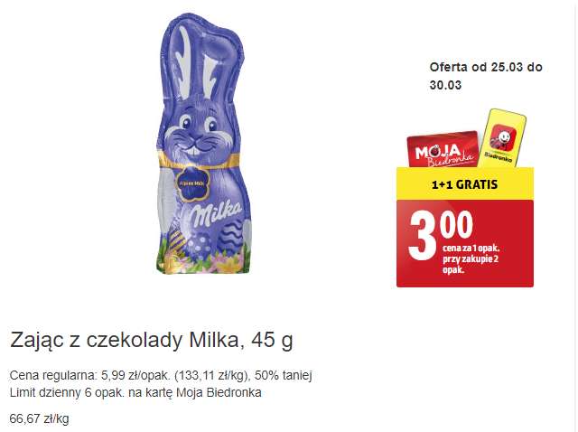 Zając z czekolady Milka 45g 1+1 gratis @Biedronka
