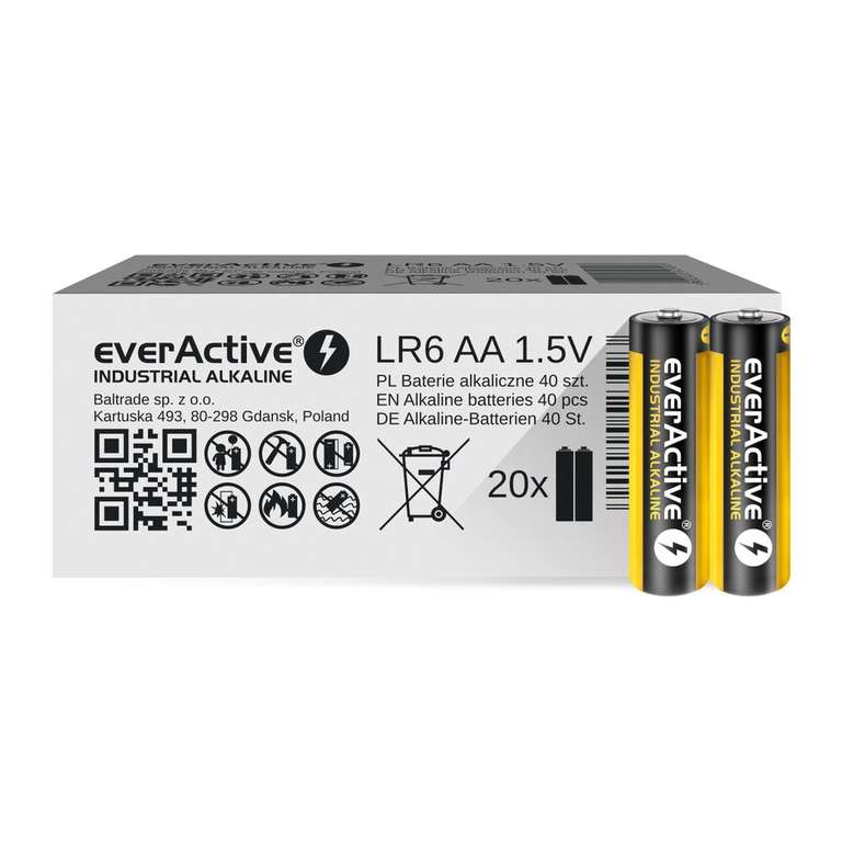 Bateria alkaliczna AA everActive Industrial - 40 sztuk (pakowane 20 x 2 sztuki) - 0,68 zł / sztuka