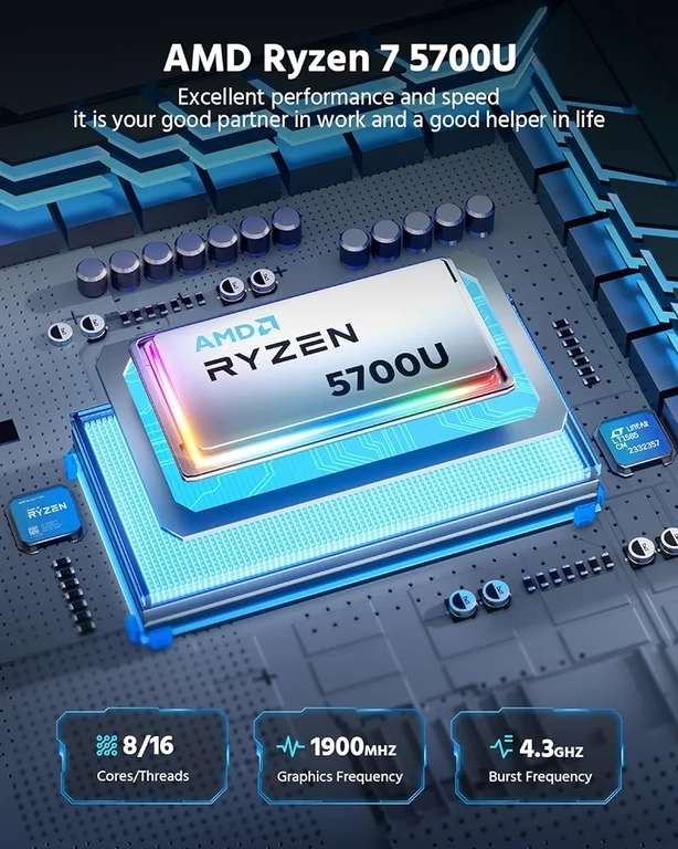 Mini PC, AMD Ryzen 7 5700U 16GB DDR4 512GB SSD Win11Pro/Wifi6/Bluetooth5.2/DP+HDMI/USB-C | 361€