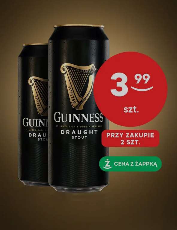 Piwo Guinness Draught 3,99 przy 2 sztukach z aplikacją.