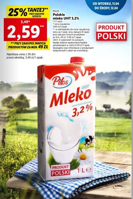 Mleko Pilos 3,2% - przy zakupie 6 sztuk (MWZ 49 zł) @lidl