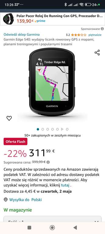 Garmin Edge 540 dużo taniej niż w polskiej dystrybucji | 317.15€