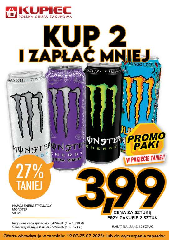 Monster Energy 3.99zł/szt przy zakupie 2 sztuk