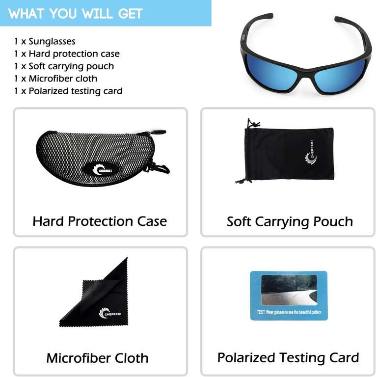 CHEREEKI Sportowe okulary przeciwsłoneczne, polaryzacja, ochrona UV 400, twardy futerał