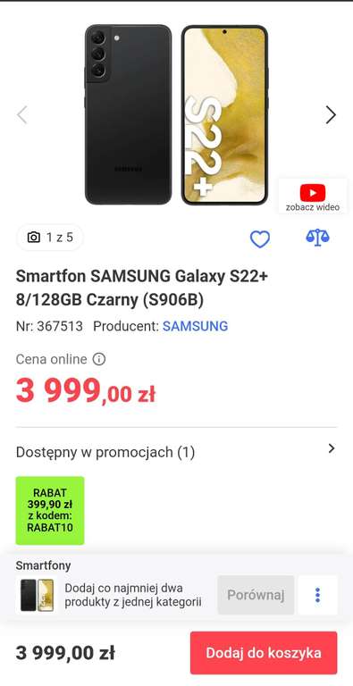 Smartfon SAMSUNG Galaxy S22+ 8/128GB Czarny (S906B)