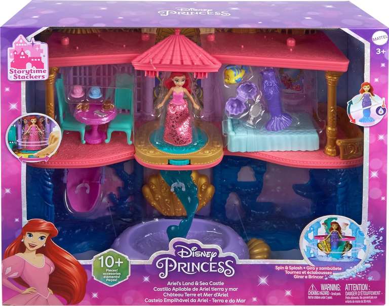 Mattel Księżniczka Disneya Pałac Arielki Domek dla lalek, mała lalka, 1 figurka, 12 elementów, 6 obszarów zabawy i basen, HLW95
