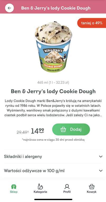 Lody Ben & Jerry’s Cookie Dough 465 ml w aplikacji Jush