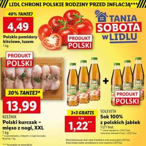 Sok 100% z polskich jabłek - 3+3 gratis - 1,22 zł/but, polskie pomidory - 4,49 zł/kg - Tania Sobota w Lidlu
