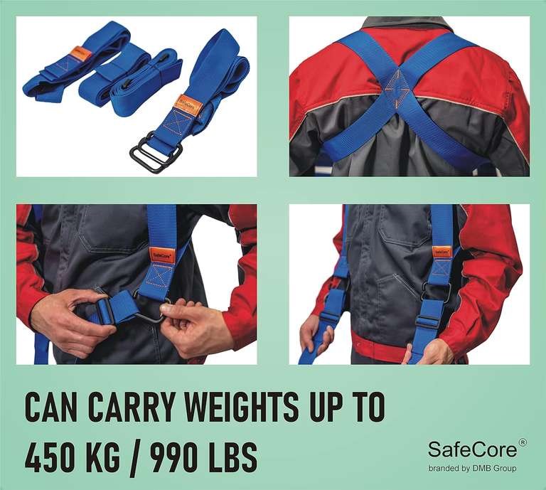 Pasy SafeCore do przenoszenia, podnoszenia - 2 osoby, do 500 kg, system uprzęży, do ciężkich przedmiotów, towarów, mebli - chronią plecy