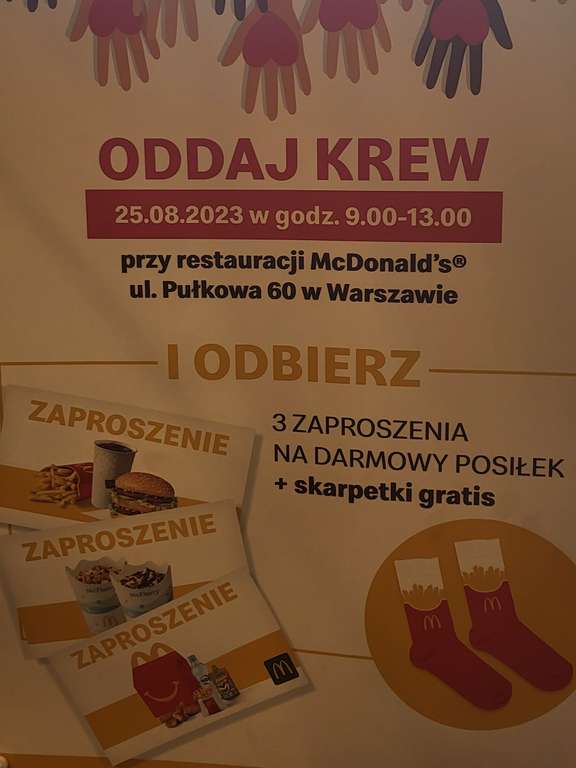 McDonald's Warszawa ul. Pułkowa 60 - kupony za oddanie krwi