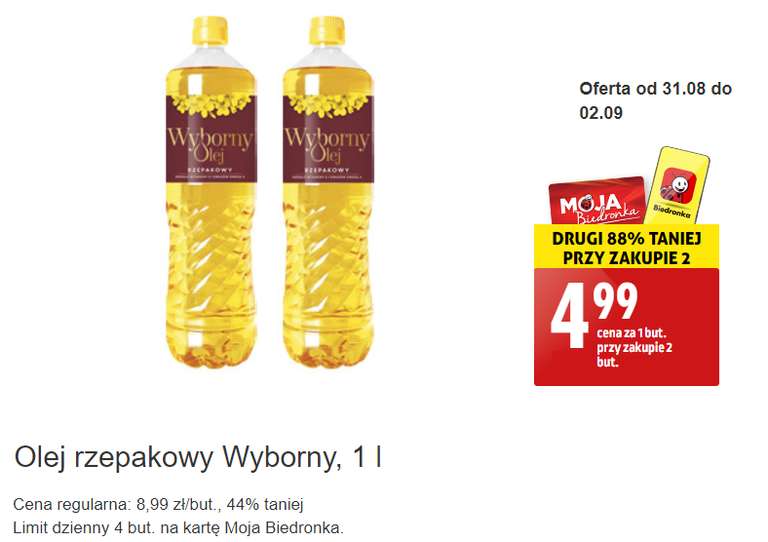 Olej rzepakowy Wyborny 1l - 4.99zł/szt przy zakupie 2 z kartą - Biedronka