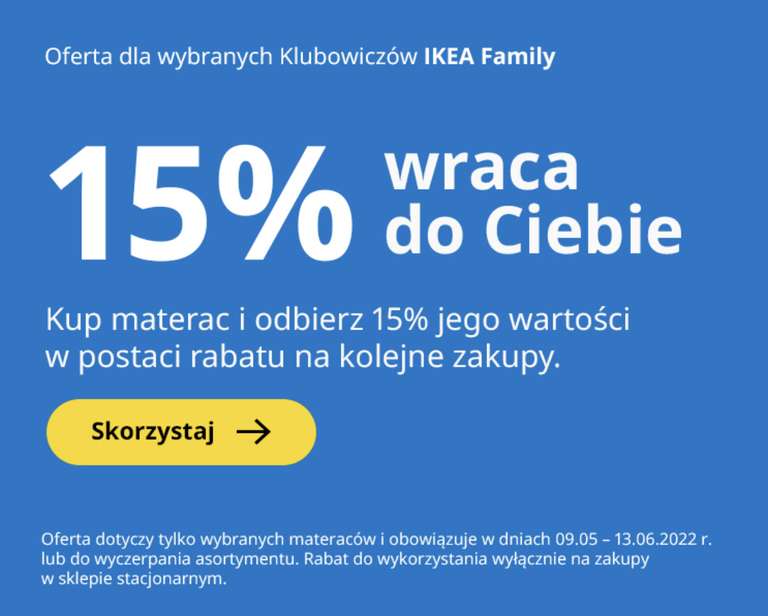 Materace Ikea - 15% zwrotu na karcie podarunkowej