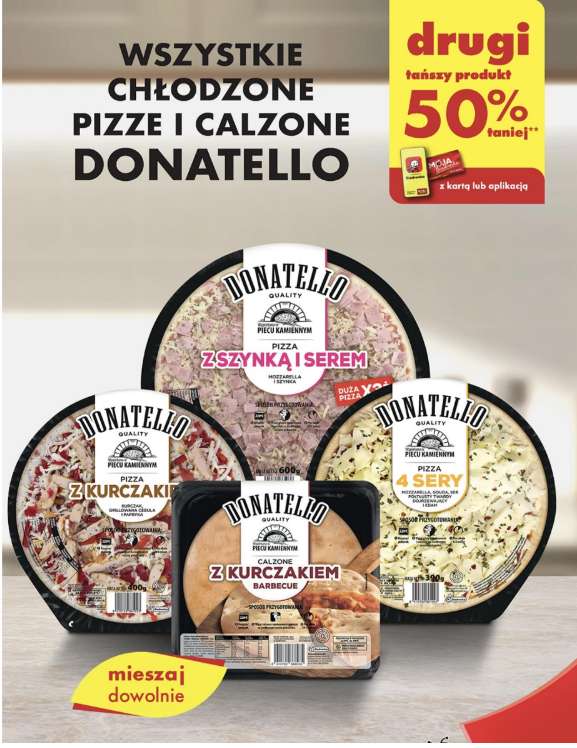 Wszystkie chłodzone pizze i calzone Donatello - 50% na drugi tańszy produkt z kartą lub aplikacją Biedronki