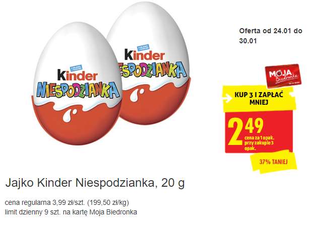 Jajko Kinder Niespodzianka za 2.49zł/szt przy zakupie 3 - Biedronka