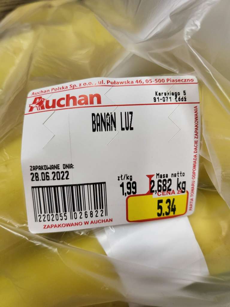 Banany Auchan 5.99 na 1.99; Łódź, Auchan Manufaktura