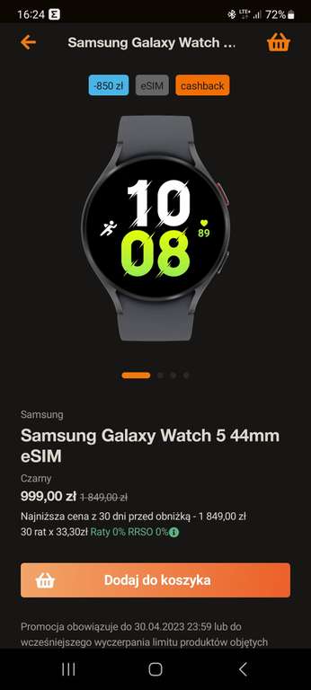 Smartwatch Samsung Galaxy Watch 5 44mm LTE możliwe 699zl Orange Flex