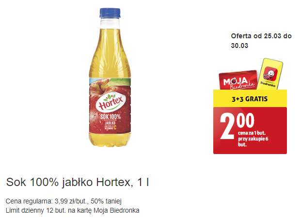 Sok 100% jabłko Hortex 1L 3+3 gratis @Biedronka