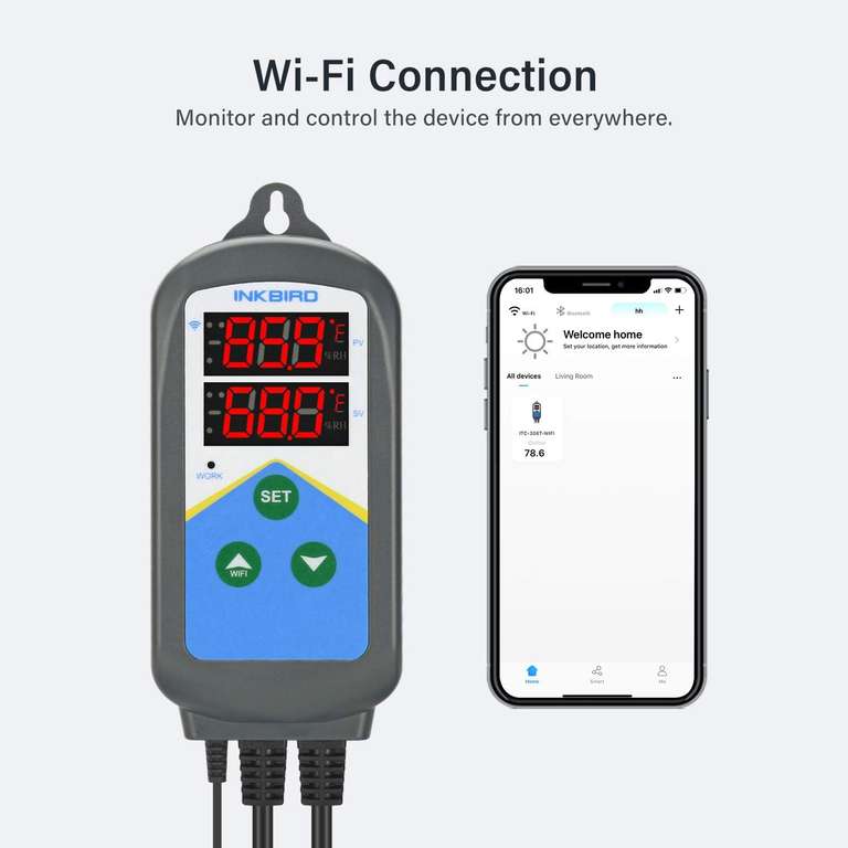 Inkbird ITC-306TW Termostat WiFi, podwójny cykl czasowy, funkcja alarmu, dwa gniazda wtykowe (tylko do ogrzewania)