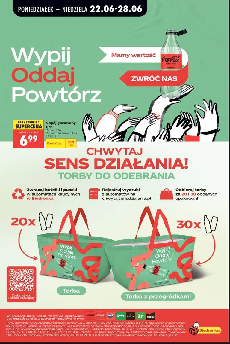 Oddaj 20 lub 30 butelek np. po Coca-Coli do butelkomatu Biedronki i odbierz darmową torbę > @biedronka