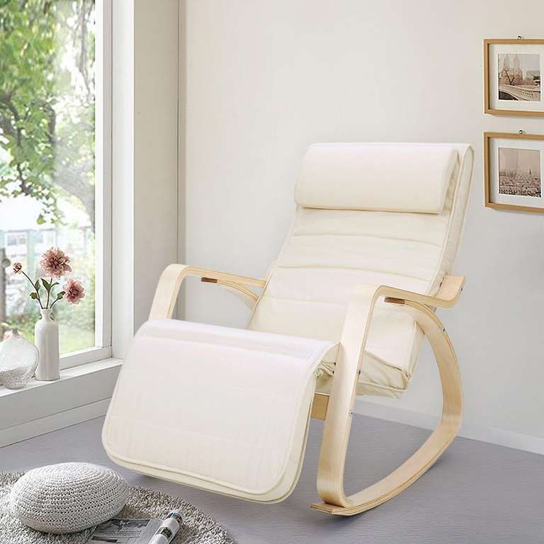 SONGMICS Krzesło bujane, z podłokietnikami z drewna brzozowego, fotel bujany, 5-stopniowa regulacja podnóżka, obciążenie do 150 kg