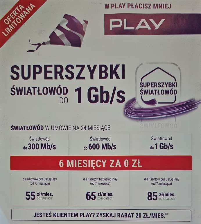 Światłowód Play 6 msc za 0 potem od 55 zł/msc (35 dla klientów Play) za 300Mb/s oferta na domki + opcjonalnie TV za 30 zł