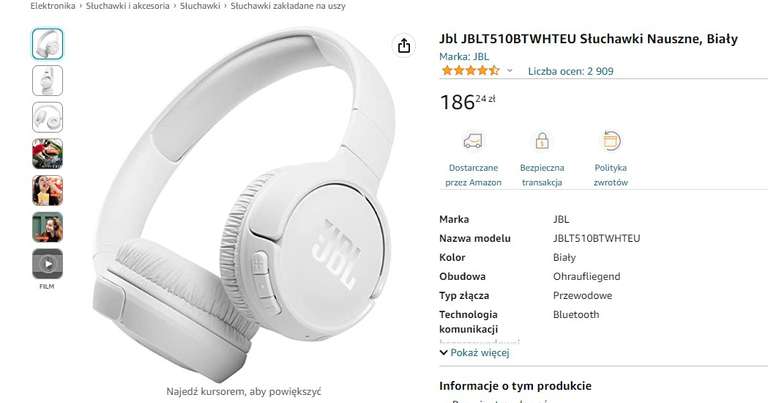 Słuchawki Nauszne Jbl JBLT510BTWHTEU Białe