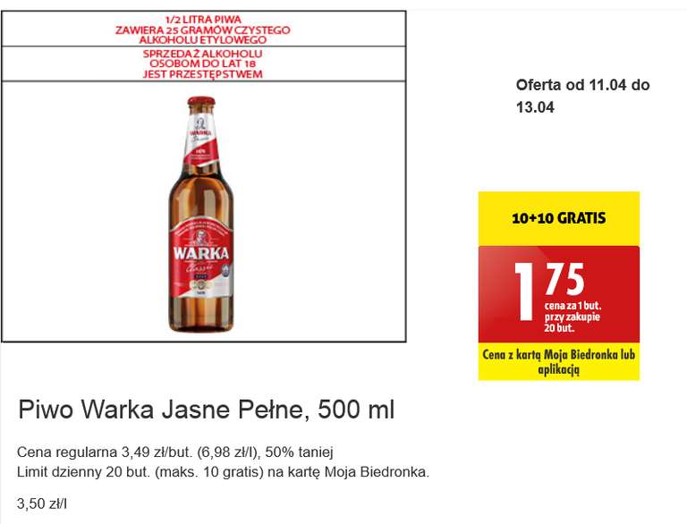 Piwo Warka Jasne Pełne 0,5 l butelka cena przy zakupie 20 butelek @Biedronka