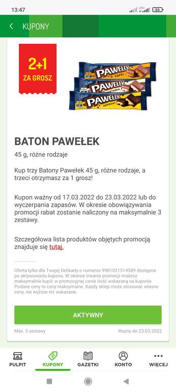Baton Pawełek 2+1 gratis (za 1 grosz) Delikatesy centrum