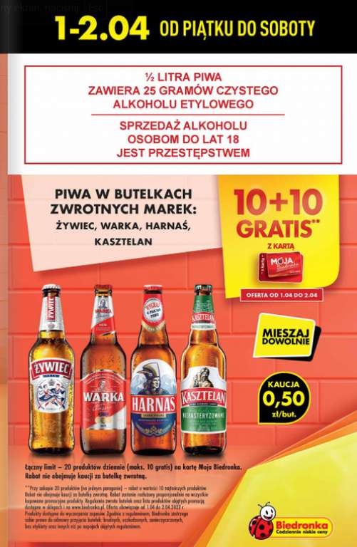 Piwa w butelkach zwrotnych - 10+10 gratis z kartą mb - Biedronka