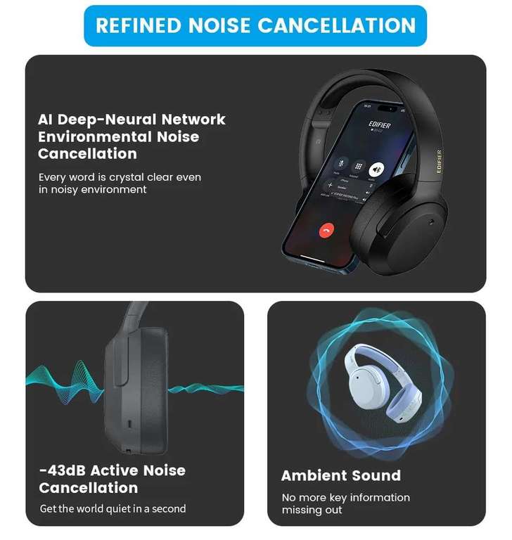 Słuchawki bezprzewodowe Edifier W820NB Plus ANC (LDAC, 50h grania, 4 kolory) | Wysyłka z CN | $46.39 @ Aliexpress