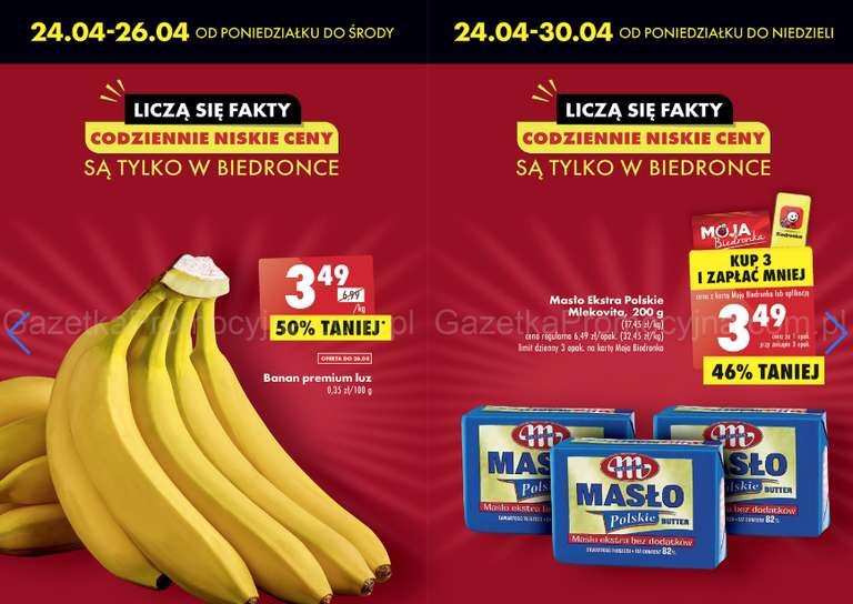 Masło ekstra Mlekovita 200g i banany w cenie 3,49 zł/kg @Biedronka