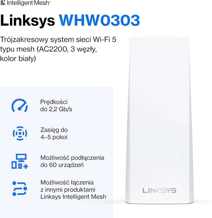 Linksys Velop WHW0303-EU Wzmacniacz Zasięgu Wlan, Biały, 3 Sztuki