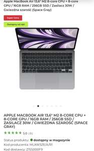M2 Apple MacBook Air 13,6" M2 8-core CPU + 8-core GPU / 16GB RAM / 256GB SSD / Zasilacz 30W / Gwiezdna szarość (Space Gray)