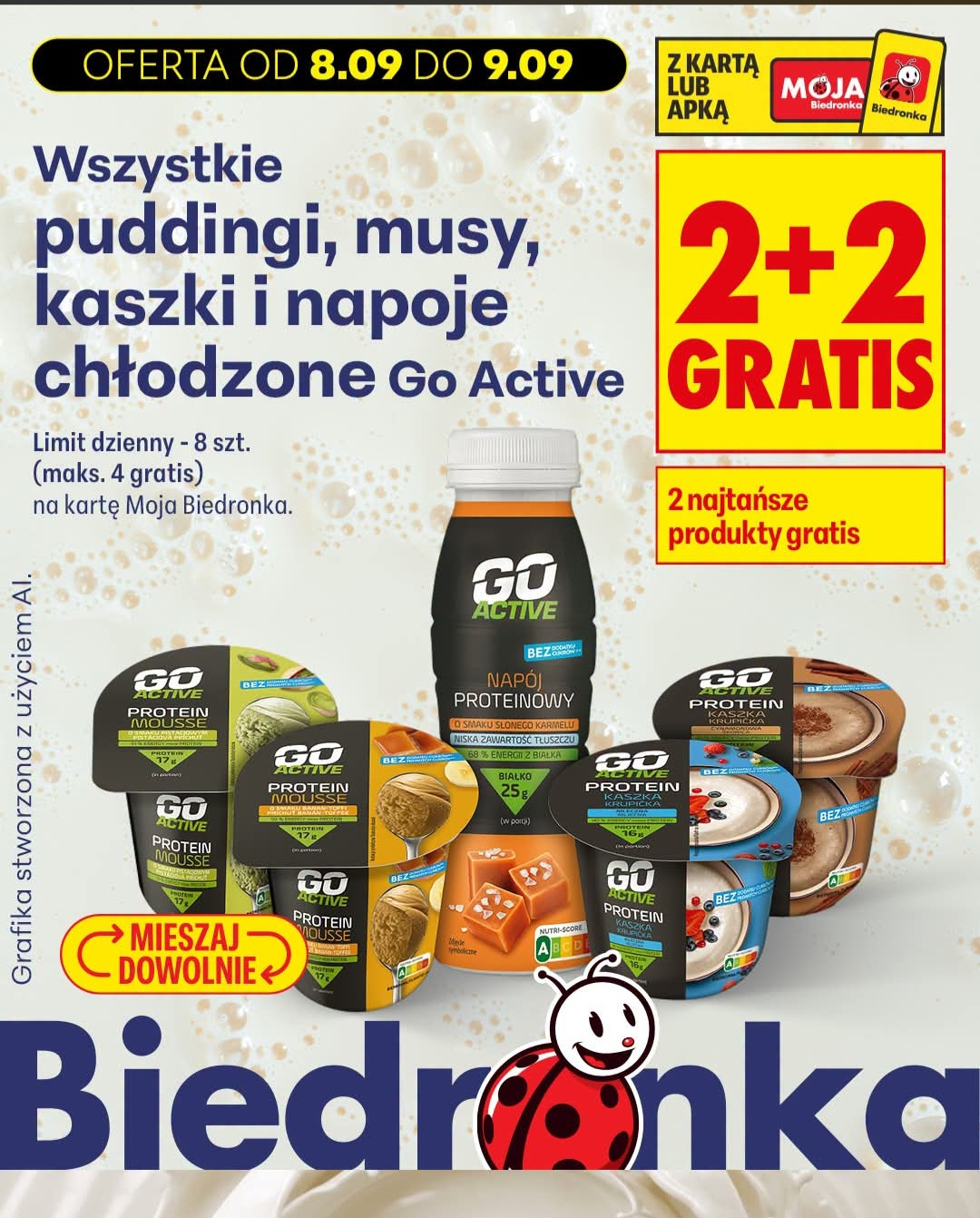 Wszystkie puddingi,musy,kaszki i napoje chłodzone Go Active 2+2 gratis np. (cena za szt. pudding proteinowy 200 g przy zakupie 4) @Biedronka