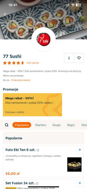 Mega rabat -50% na zamówienie sushi