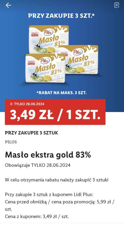 Masło Pilos ekstra gold 200 g. przy zakupie 3 sztuk 3,49zł/szt. @lidl