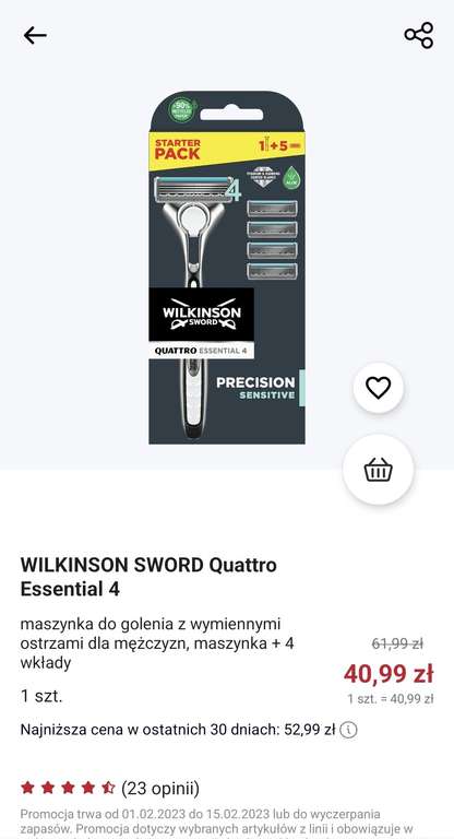 Maszynka do golenia Wilkinson sword quattro essential 4 za 40.99zł Rossmana