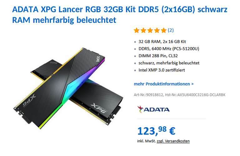 Pamięć RAM ADATA XPG K2 Lancer RGB DDR5 32GB 6400MHz CL32 - 123,98 € + 14,28 € dostawa