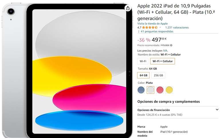 Apple iPad 10.9" 10th Wi-Fi + Cellular 5G 64 GB - Srebrny MQ6J3FDA (amazon.es)