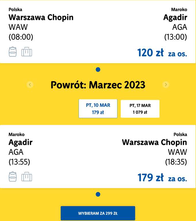 Lot czarterowy Warszawa (Chopina) - Agadir (Maroko) 03.03 - 10.03 (7 dni) bagaż podręczny 5kg i rejestrowany 20kg w cenie