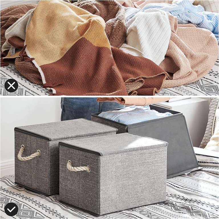 SONGMICS Pudełka do przechowywania, zestaw 3, materiałowe pudełka z pokrywą, bawełniane uchwyty, wygląd lnu, szary RFB013G02
