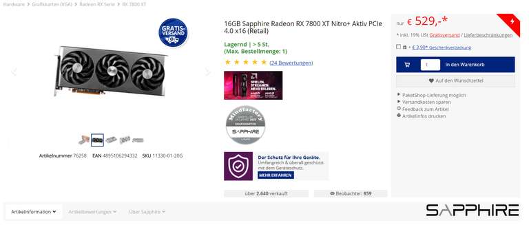 16GB Sapphire Radeon RX 7800 XT Nitro+