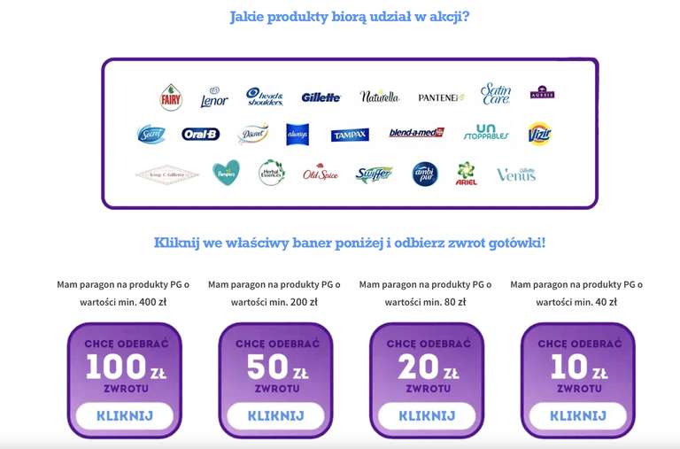 Zwrot za zakupy produktów P&G do 100 zł (Fairy, Ariel, Pampers, Gillette, Lenor, Oral-B i wiele innych)