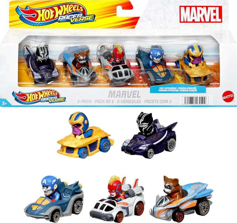 Hot Wheels RacerVerse Marvel Pojazdy 5-pak Zestaw 5 pojazdów do jazdy po torze, prezent dla dzieci i dorosłych kolekcjonerów, HPN40
