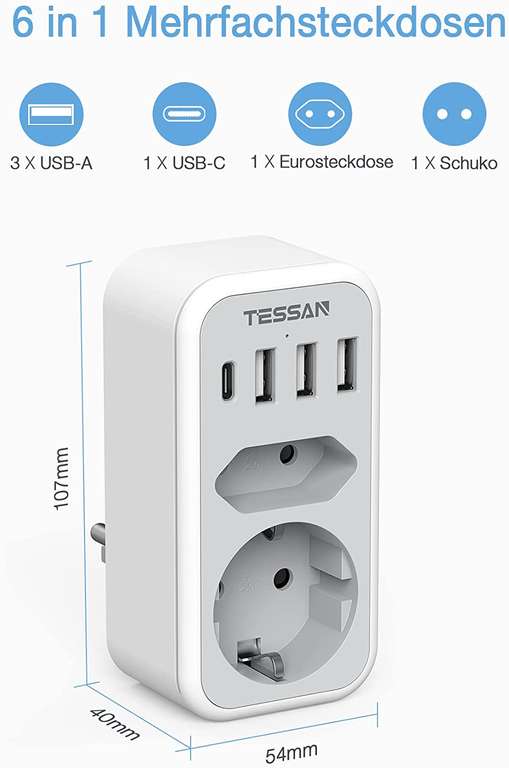 Rozgałęźnik rozdzielacz gniazdka Tessan 1x schuko 1x europlug 1x USB C 3A 3x USB 2.4A