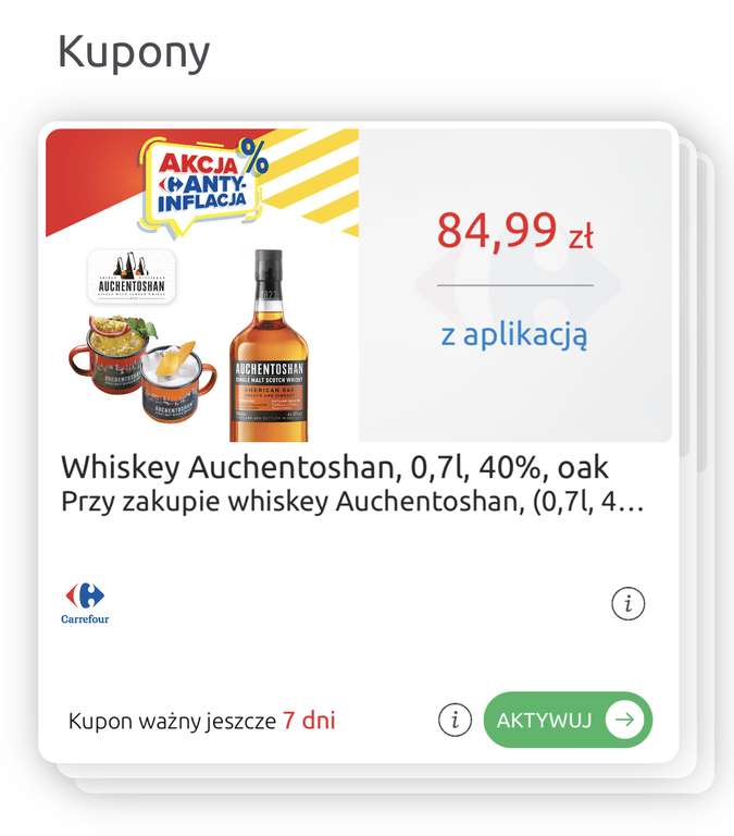 Whisky Auchentoshan 0,7l (cena za sztukę przy zakupie 2) Carrefour z aplikacja