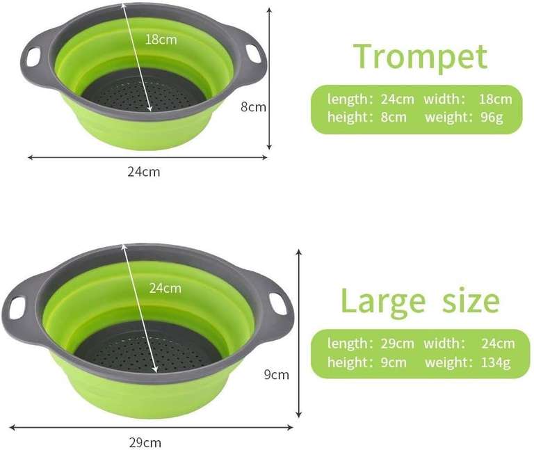 2 sztuki - składany cedzak, silikonowe sito kuchenne do odcedzania makaronu, 20 i 25cm, zielony