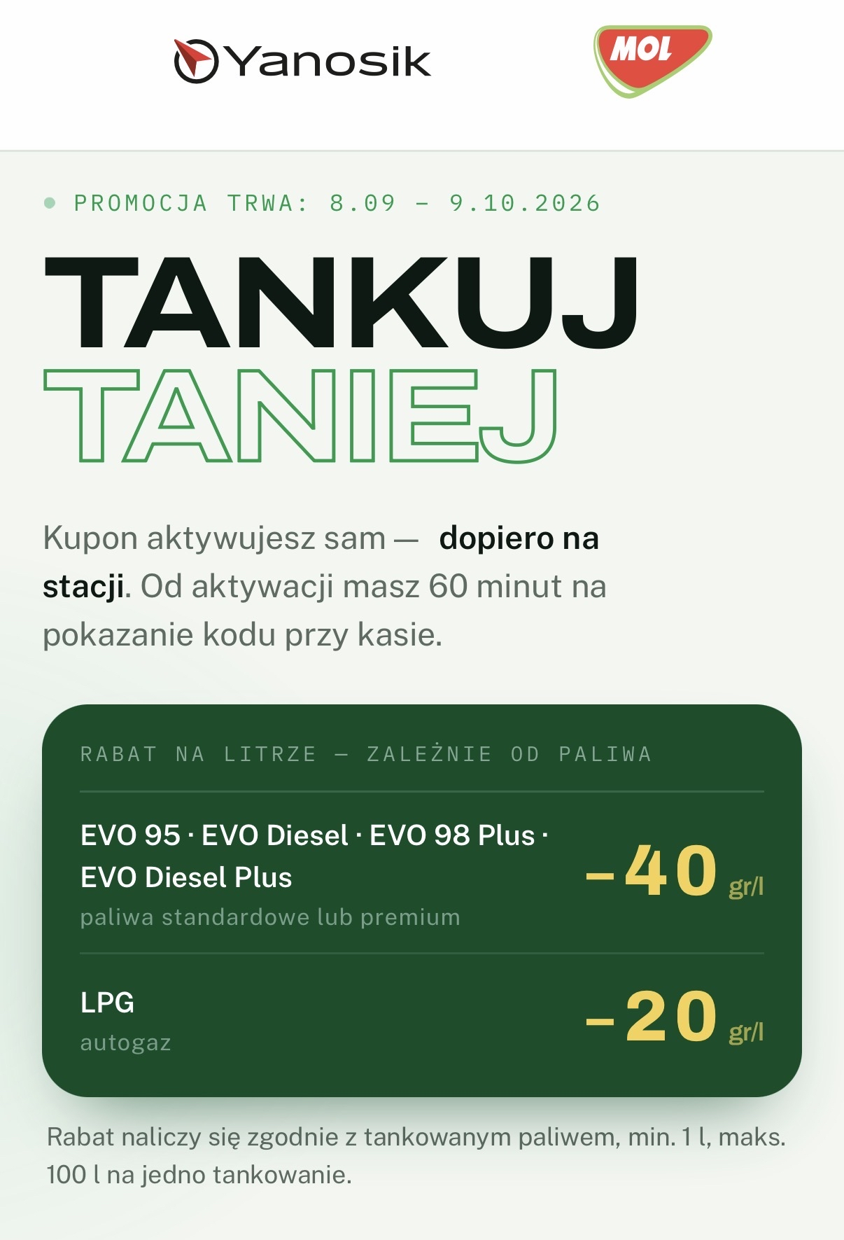 MOL + Yanosik: 40 gr/l taniej na benzynę i diesla, 20 gr/l na LPG – do 100 l