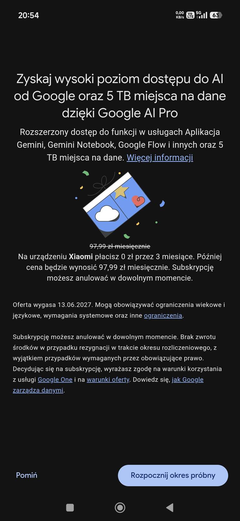 Google AI Pro + 5 TB chmury w Google One na 3 miesiące za 0 zł ponownie dla posiadaczy Xiaomi.